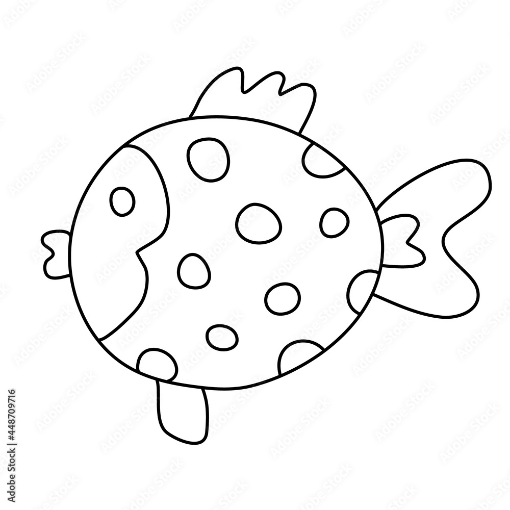 Polka dots cute little fish. Hand drawn vector illustration in doodle style on white background. Isolated black outline. Sea and ocean animals theme. Great for kids coloring books.