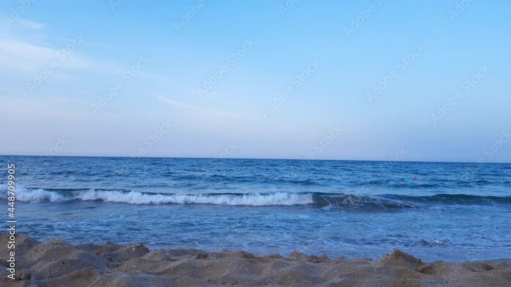 Summer Paradise. Waves Of The Mediterranean Sea Hit The Sand On The Beach. Summer Paradise. Waves Of The Mediterranean Sea Hit The Sand On The Beach.