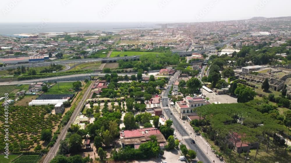 Aerial - View of Pompei from the air, rising drone shot, Italy Aerial - View of Pompei from the air, rising drone shot, Italy