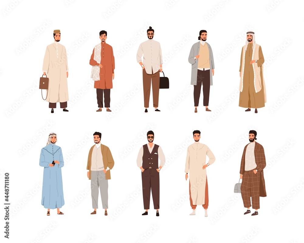 Set of modern Arabic men in Arab fashion clothes. Islamic people wearing  traditional and stylish casual outfits. Muslim male characters. Colored  flat vector illustration isolated on white background Stock Vector