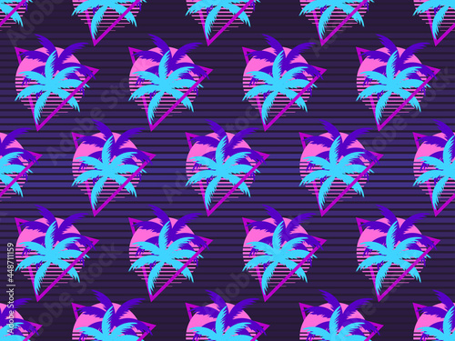 80s sunset with palm trees seamless pattern. Retro futuristic sun. Synthwave and retrowave style. Design for advertising brochures, banner and print. Vector illustration