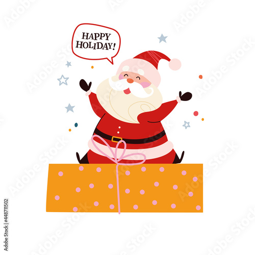 Funny cute Santa Claus character sit on big gift box celebrating happy holiday isolated. Vector flat cartoon illustration. For Christmas cards, banners, stickers, tags, packaging etc.