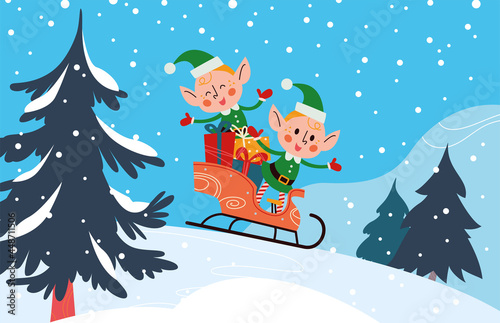 Funny little Santa elves characters with gift boxes sledding in winter forest. Vector flat cartoon illustration. For Christmas card, poster, placard, banner, sticker, tag, packaging etc.