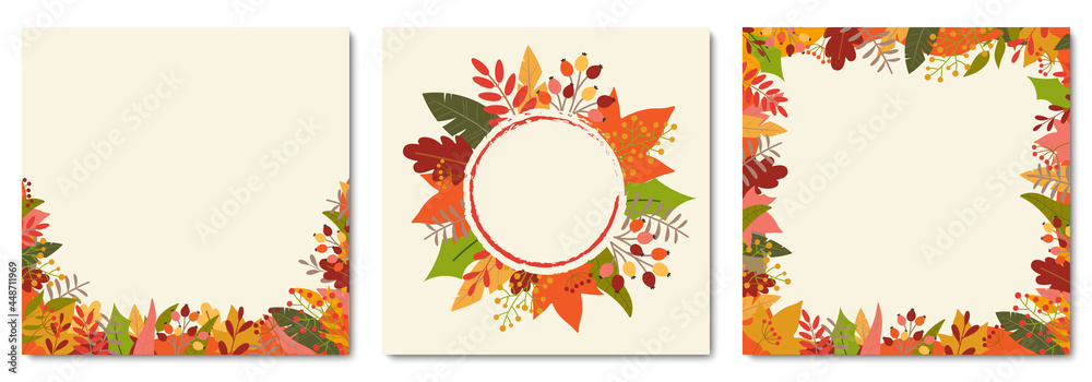 Autumn or Fall background set with colorful leaves. Square banner or leaf frame or border templates for flyer, sale, thanksgiving posters, promotion cards, social media posts. Vector illustration. - obrazy, fototapety, plakaty 