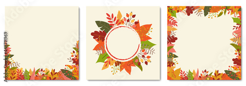 Autumn or Fall background set with colorful leaves. Square banner or leaf frame or border templates for flyer, sale, thanksgiving posters, promotion cards, social media posts. Vector illustration.