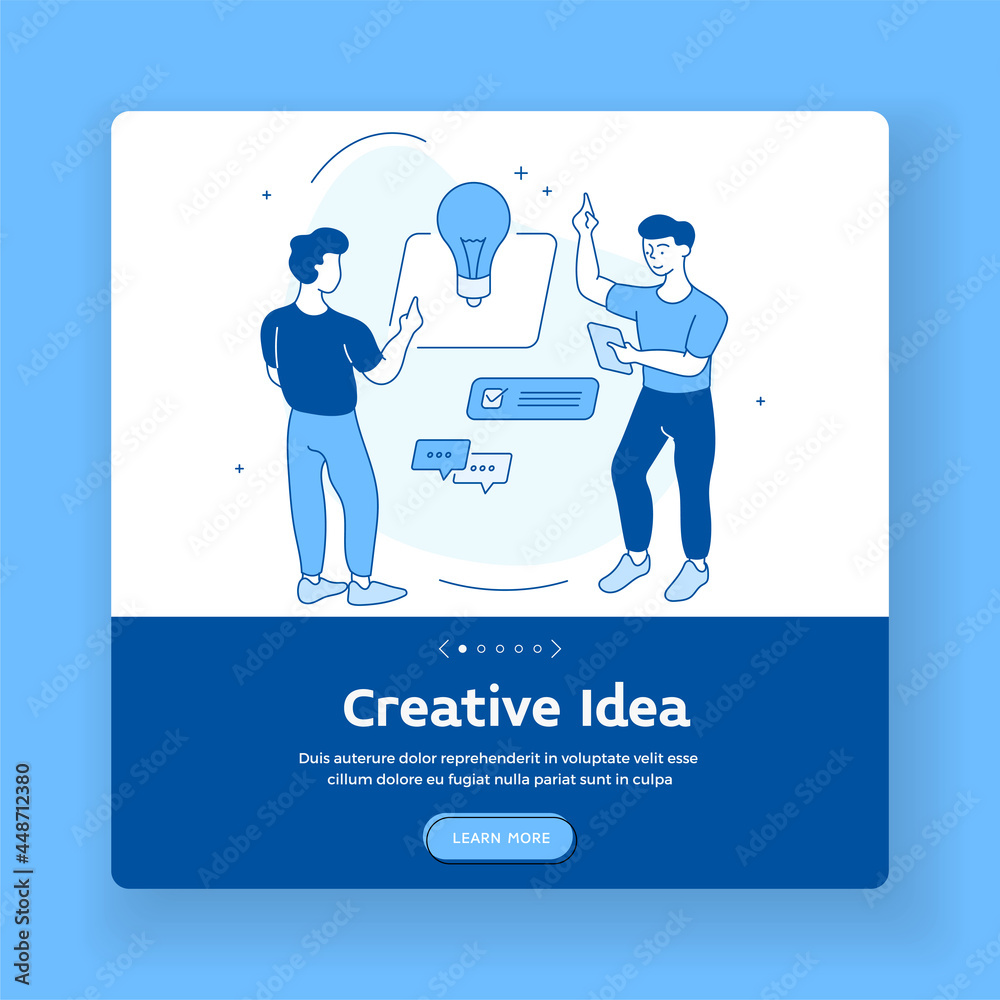 Creative ideas in development. Brainstorming with innovation management strategy. Modern imagination with powerful social marketing and teamwork. Vector linear flat home page