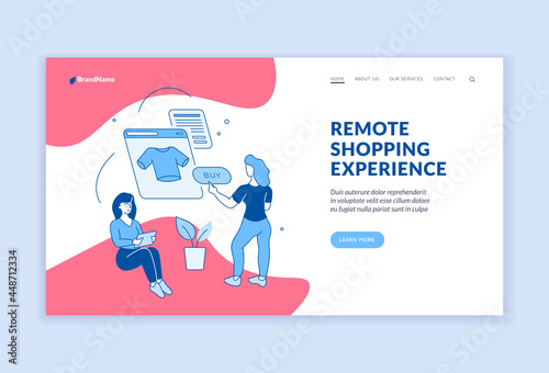 Remote online shopping. Purchases on websites with digital payment and delivery. People choose things in online store application. Retail with marketing discounts. Linear vector flat landing page