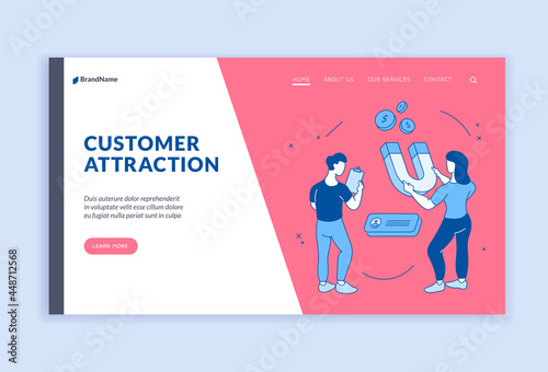 Attracting new online customers. Campaign marketing with web strategy of user consultation. Digital successful advertising on websites with active sales. Vector linear flat landing page