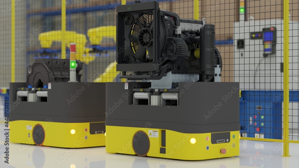 Factory 4.0 concept: The AGV (Automated guided vehicle) is carrying engine in smart factory. 3D illustration Factory 4.0 concept: The AGV (Automated guided vehicle) is carrying engine in smart factory. 3D illustration