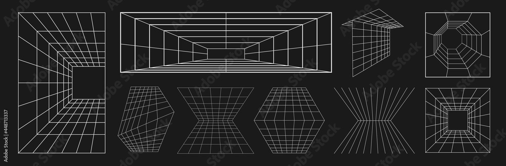 Set of retrofuturistic design elements. Collection of perspective grids, tunnels in cyberpunk 80s style. Cyber retrowave design elements for poster, cover, banners. Vector - obrazy, fototapety, plakaty 