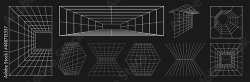 Set of retrofuturistic design elements. Collection of perspective grids, tunnels in cyberpunk 80s style. Cyber retrowave design elements for poster, cover, banners. Vector