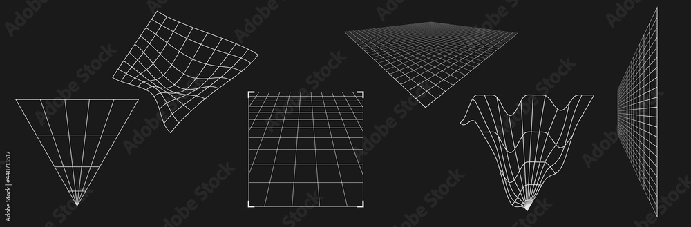 Set of retrofuturistic perspective grids. Cyber design elements. Collection of grids in cyberpunk 80s style. Retrofuturistic design elements for poster, cover. Vector