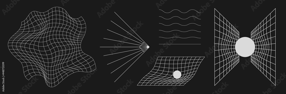 Set of retrofuturistic design elements. Liquid distorted grid, gravity visualization, wavy lines in cyberpunk 80s style. Cyber design elements for poster, cover retrowave style. Vector