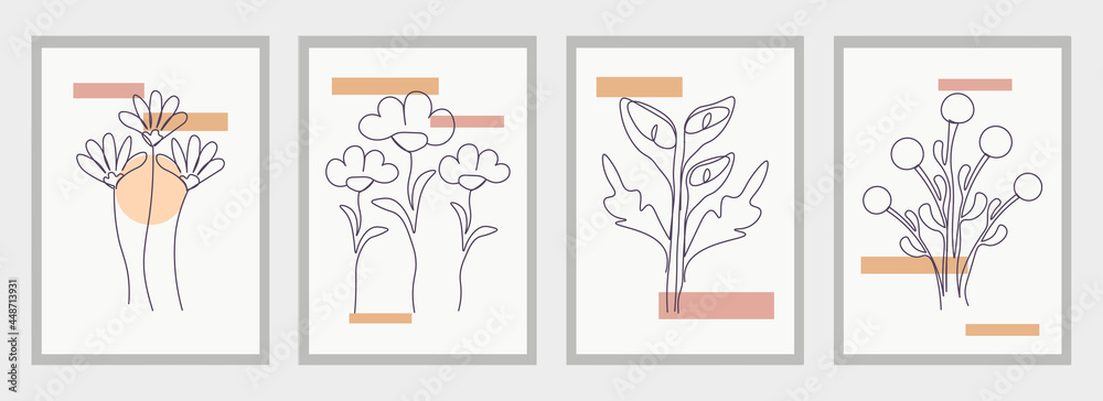 Set of floral wall art posters on white background. Earth tone boho foliage flower line art drawing. Abstract plant art design. Minimal and natural wall art. Flat cartoon vector illustration