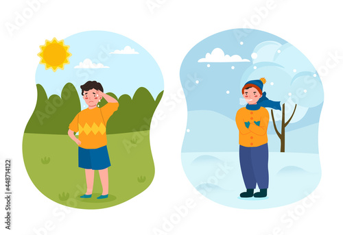 Two little kids are standing in different weather conditions. Concept of opposite word antonym for kids. Child in the summer and in the winter. Flat cartoon vector illustration