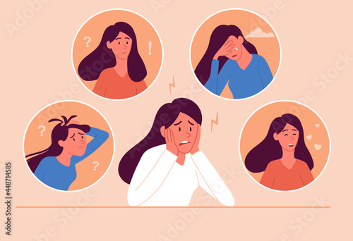 Young female characters are suffering from bipolar disorder. Concept of women surrounded by symptoms of bipolar disorder psychological diseases, schizophrenia. Flat cartoon vector illustration photo