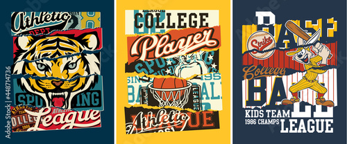 Sporting mascot college athletic department cute vector patchwork print collection for children wear