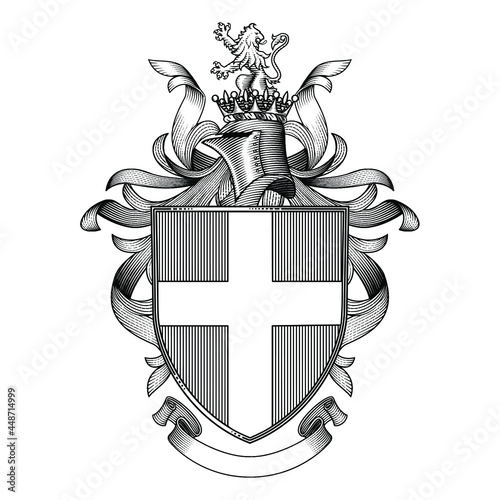 Illustration of coat of arms with a shield in a vintage woodcut style. 