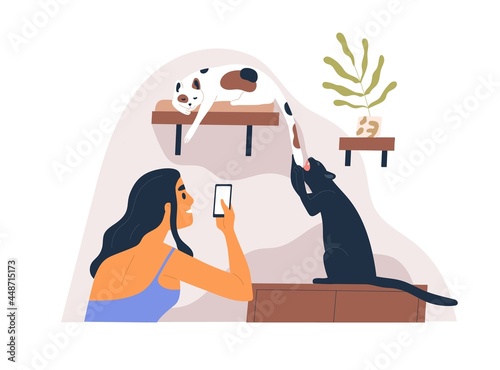 Pet owner taking mobile photo of her cute playful cats at home. Person shooting with smartphone her funny kitties. Feline animals fooling and playing. Flat vector illustration isolated on white