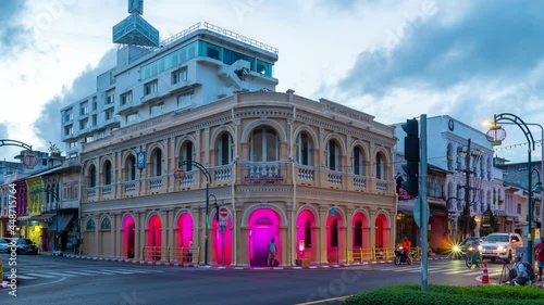 Phuket city Thailand Amazing Beautiful buildings in Phuket Old Town with Sino-Portuguese architecture one of the landmarks in Phuket City at night beautiful light show on 27-July-2021
