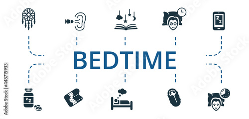 Bedtime icon set. Contains editable icons theme such as orthopedic pillow, dream, sleeping bag and more.