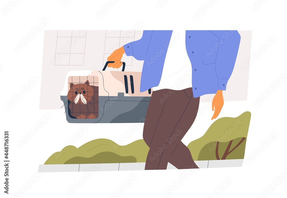 Pet owner carrying kitty in cat carrier. Person going to vet clinic with cute animal in plastic cage. Man holding handle of feline box for traveling. Flat vector illustration isolated on white
