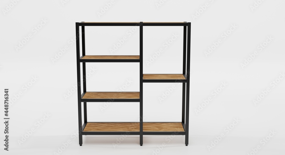Wooden shelving with metal base, front view. Blank rack in loft style for interior office or home, modern design. Mockup shelves for storage isolated on white background. Realistic 3d illustration - obrazy, fototapety, plakaty 