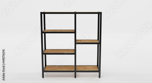 Wooden shelving with metal base, front view. Blank rack in loft style for interior office or home, modern design. Mockup shelves for storage isolated on white background. Realistic 3d illustration