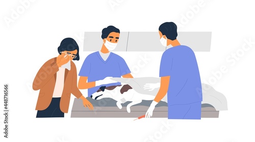 Euthanasia and death of incurable dog. Veterinarians failed to save life. Owner in grief near dead pet after unsuccessful operation in vet clinic. Flat vector illustration isolated on white background photo