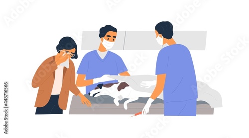 Euthanasia and death of incurable dog. Veterinarians failed to save life. Owner in grief near dead pet after unsuccessful operation in vet clinic. Flat vector illustration isolated on white background