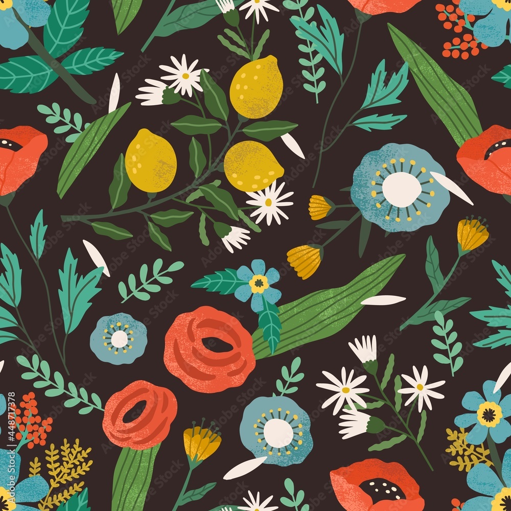 Seamless floral pattern with spring blooming flowers on black ...