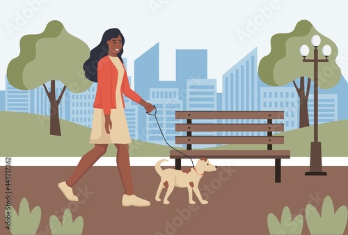 A young woman walks with her dog in the park. Urban landscape. Flat vector illustration