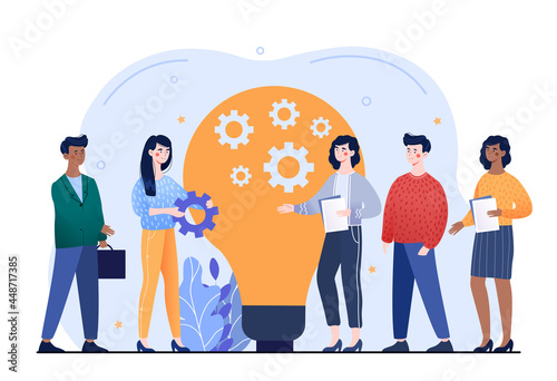 Business people are greeting new team members. Concept of company newcomers, personnel, adaptation of new employees. First days in company, new employees training. Flat cartoon vector illustration