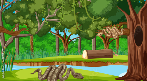 Two snake in forest at daytime scene with many trees