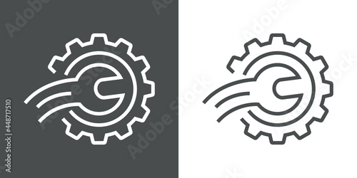 Maquinaria industrial. Logotipo engranaje con herramienta llave con lineas de velocidad en curva en fondo gris y fondo blanco
