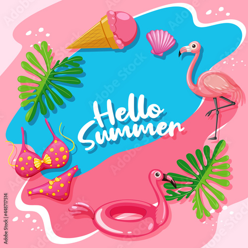 Fototapeta Naklejka Na Ścianę i Meble -  Hello Summer banner template in flamingo theme