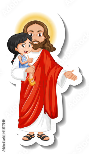 Jesus Christ holding a kid sticker on white background