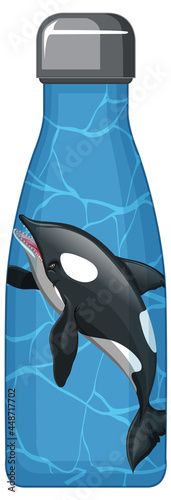 A blue thermos bottle with orca whale pattern