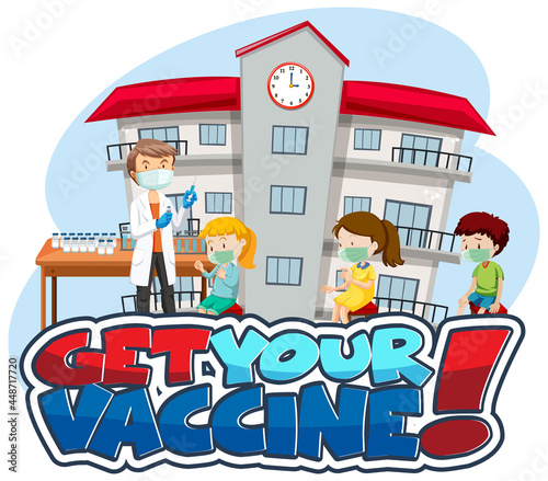 Get Your Vaccine font banner with many kids waiting in queue to get covid-19 vaccine