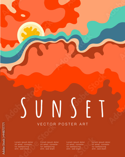 Sunset. Sunrise. Nature. Modern flat vector poster illustration of natural background. Vacation on the beach. Festival feeling. Holiday Feeling. Drawings from the hand of sunset and sunrise. 