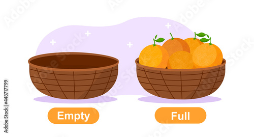 Illustration for kids with opposite words with empty and full buckets. Concept of colorful educational grammar game cartoons for little children. Flat cartoon vector illustration