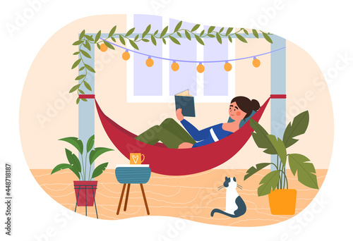 Young female character is rrelaxing in hammock on the terrace with a book. Girl is reading a book on the balcony alone. Home garden and cute exterior design. Flat cartoon vector illustration