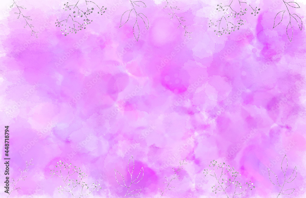背景素材　水彩絵具のにじみとキラキラした草花　紫　シルバー