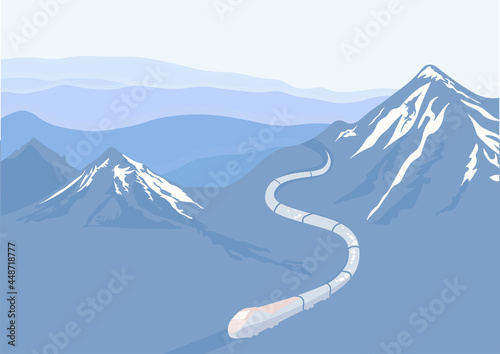 Mountain landscape vector stock illustration. The train descends from the peak of the ridge. Misty mountains with snow-capped peaks. Blue smoky daytime panoramic view. snake