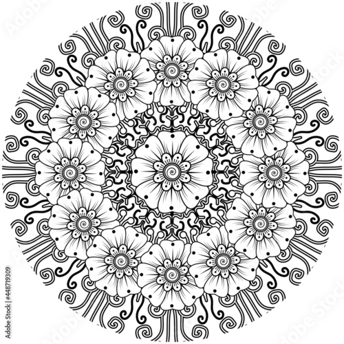Mehndi flower for henna, mehndi, tattoo, decoration. decorative ornament in ethnic oriental style. doodle ornament. coloring book page.