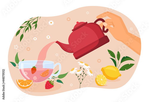 Hand holding red teapot and pouring fresh tea into cup. Concept of afternoon tea ceremony elements tea bag, pot, cup and variety of berry branches. Chamomile tea. Flat cartoon vector illustration