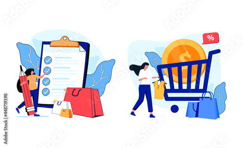 Online shopping abstract concept vector illustration set. Wishlist, buy, my orders list, add to shopping cart, product in stock, retail store, e-commerce website, user account abstract metaphor.