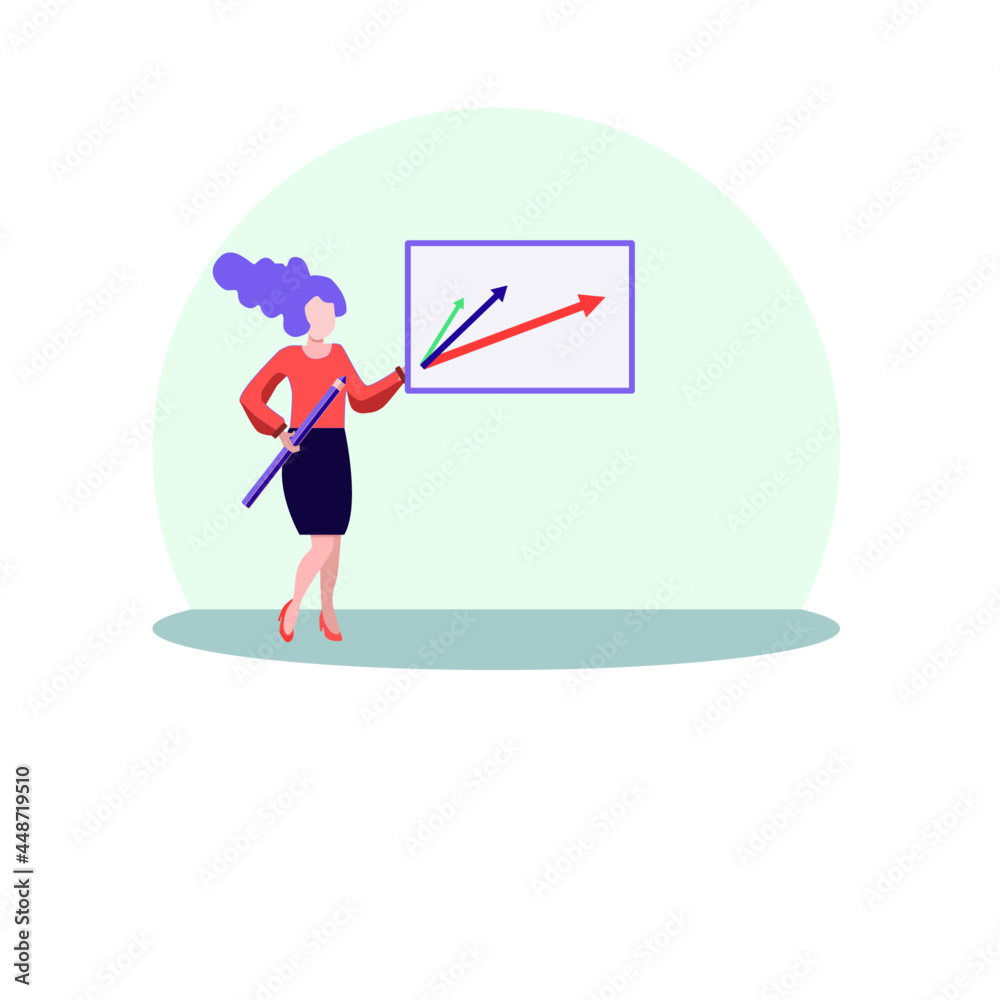 Business woman, dressed in a red blouse and dark skirt, holds a pencil in one hand and a tablet with abstract growth charts in the other. Business woman, dressed in a red blouse and dark skirt, holds a pencil in one hand and a tablet with abstract growth charts in the other.