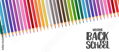 School banner or header. Coloring pencils on white background with lettering. Realistic 3d vector illustration.