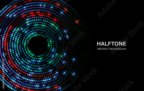 Fototapeta Naklejka Na Ścianę i Meble -  Halftone circle frame with abstract random dots, logo emblem design element for technology, medical, treatment, cosmetic. vector illustration